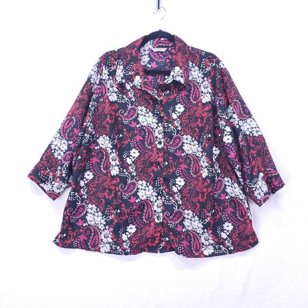 White Stag Womens Multicolor Paisley Button Up Shirt 3/4 Sleeve